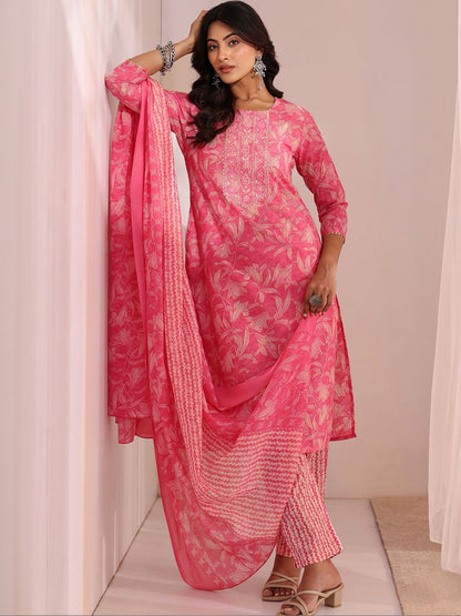 Women Floral Printed Regular Thread Work Kurta with Trousers & With Dupatta