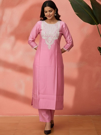 Embroidered Mandarin Collar Kurta & Trousers with Dupatta