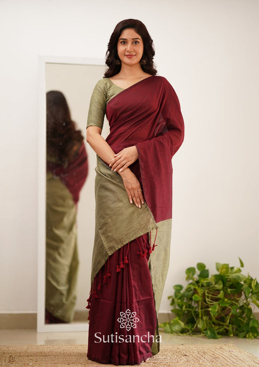 Dhiyona SS Sutisancha Maroon Handloom Cotton Saree