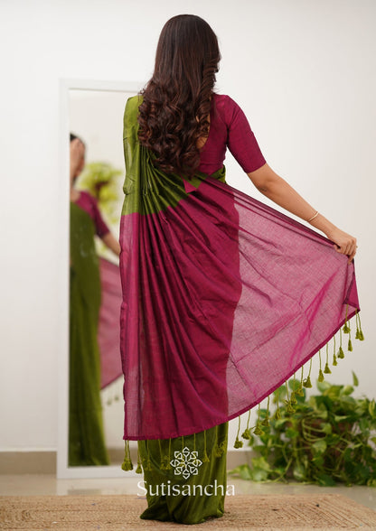 Dhiyona SS Sutisancha Pink & Mehndi Handloom Cotton Saree
