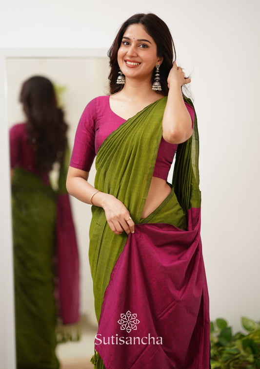 Dhiyona SS Sutisancha Pink & Mehndi Handloom Cotton Saree