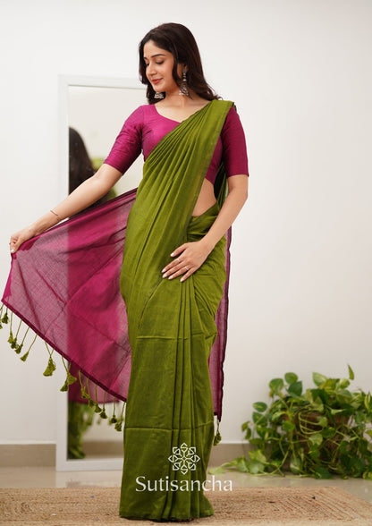 Dhiyona SS Sutisancha Pink & Mehndi Handloom Cotton Saree