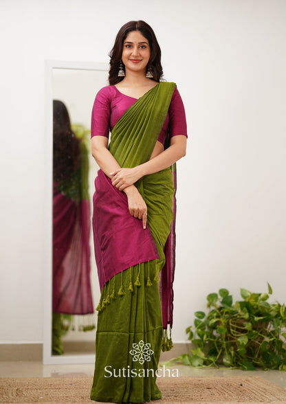 Dhiyona SS Sutisancha Pink & Mehndi Handloom Cotton Saree