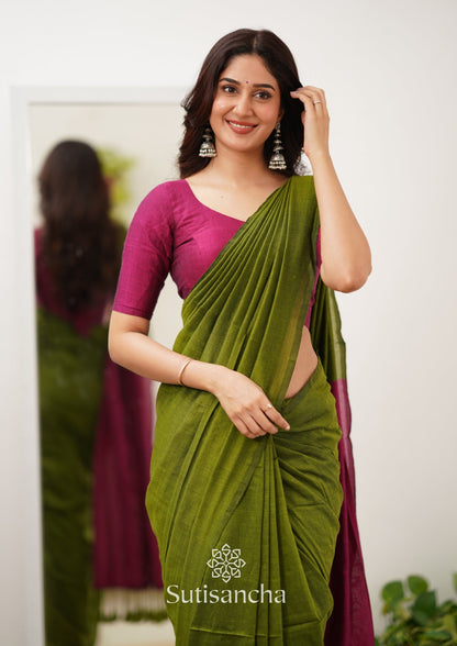 Dhiyona SS Sutisancha Pink & Mehndi Handloom Cotton Saree