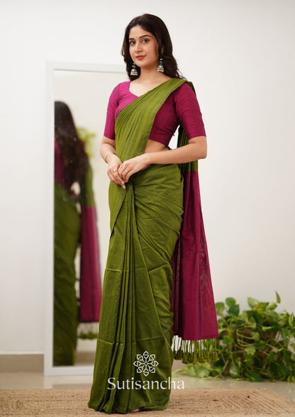 Dhiyona SS Sutisancha Pink & Mehndi Handloom Cotton Saree