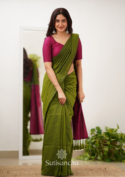 Dhiyona SS Sutisancha Pink & Mehndi Handloom Cotton Saree