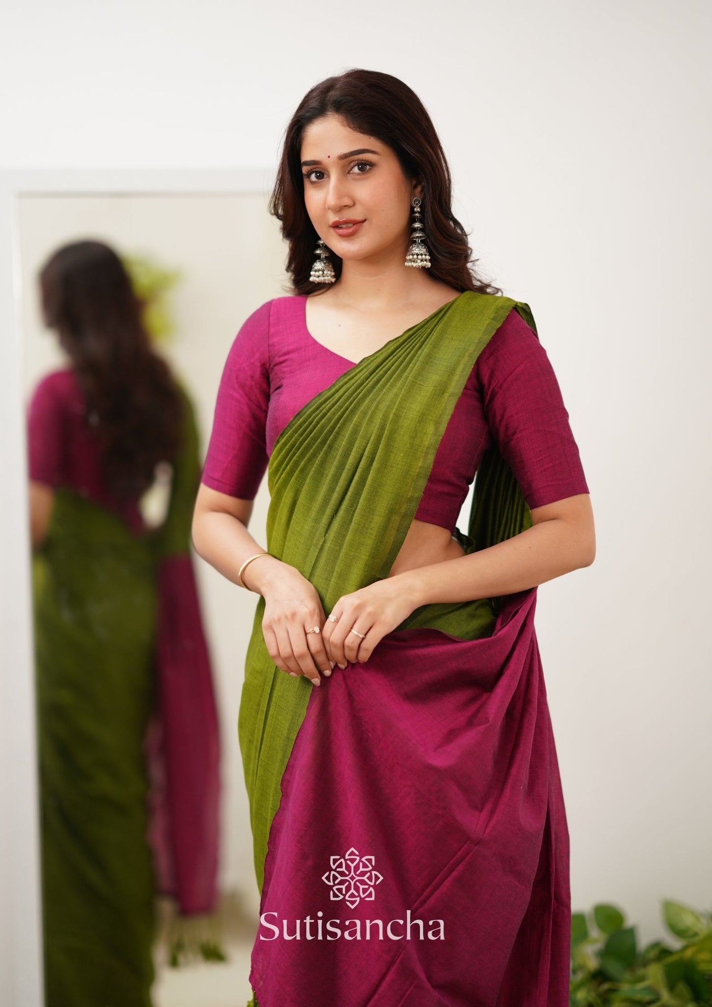 Dhiyona SS Sutisancha Pink & Mehndi Handloom Cotton Saree