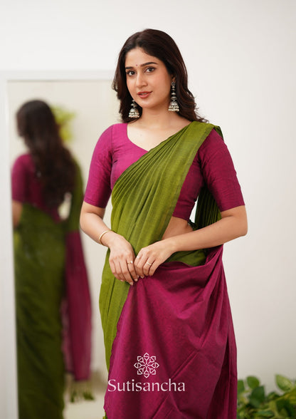 Dhiyona SS Sutisancha Pink & Mehndi Handloom Cotton Saree