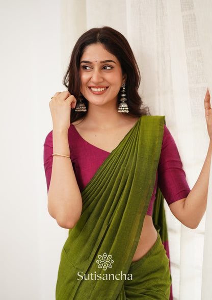 Dhiyona SS Sutisancha Pink & Mehndi Handloom Cotton Saree