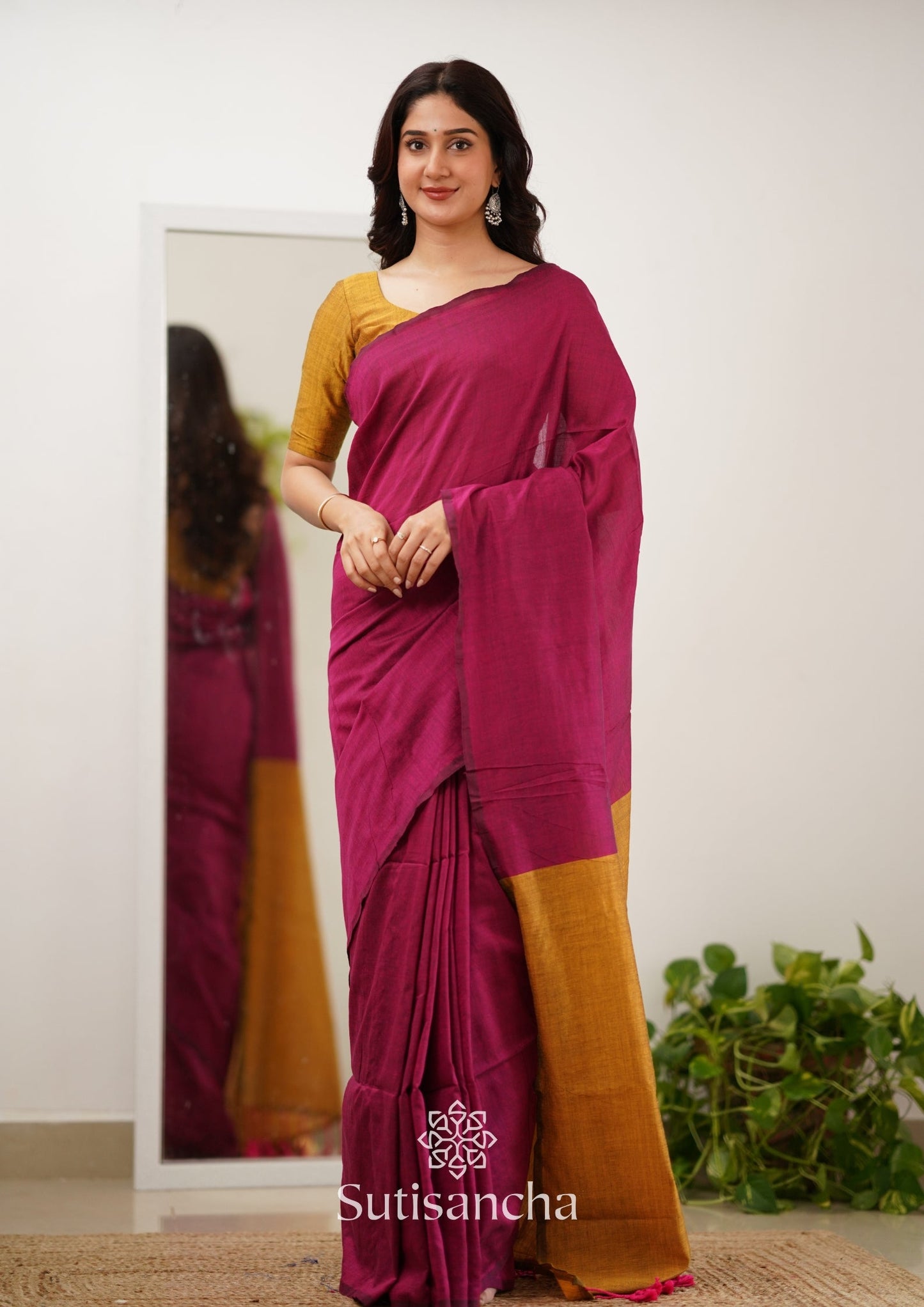 Dhiyona SS Sutisancha Pink & Mustard Handloom Cotton Saree