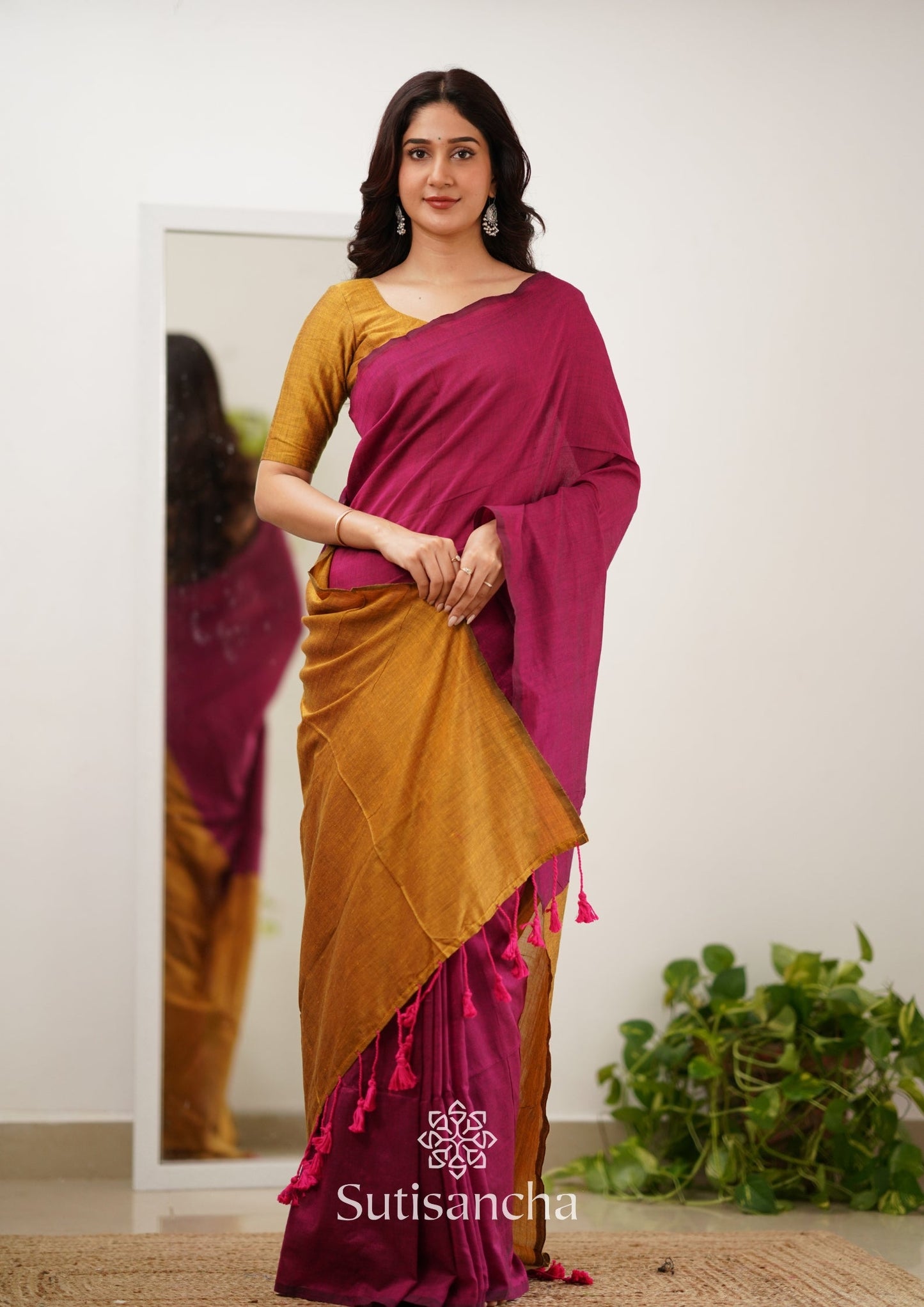 Dhiyona SS Sutisancha Pink & Mustard Handloom Cotton Saree