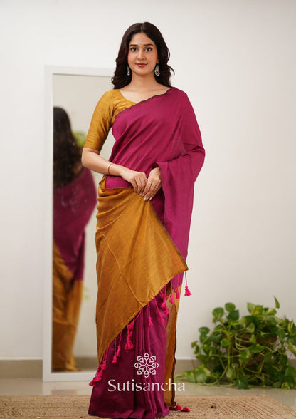 Dhiyona SS Sutisancha Pink & Mustard Handloom Cotton Saree