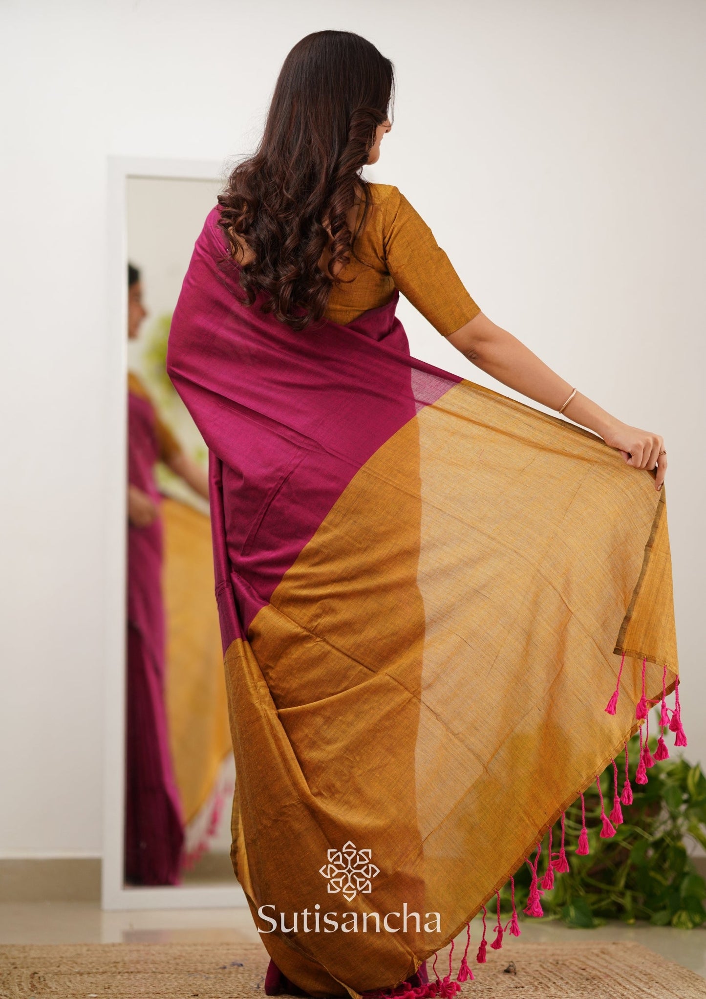 Dhiyona SS Sutisancha Pink & Mustard Handloom Cotton Saree