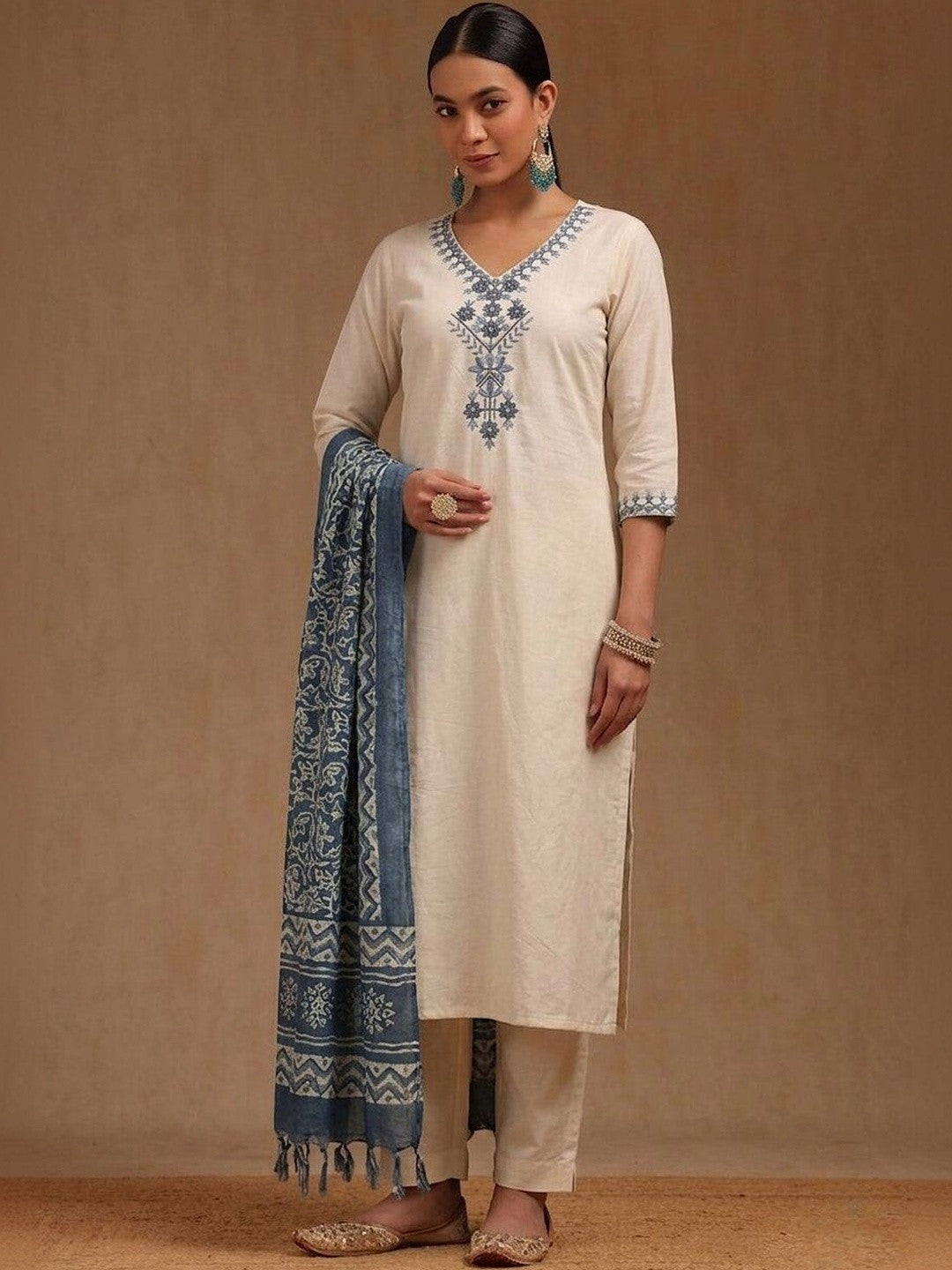 Dhiyona SN Embroidered Khadi Cotton Round Neck Kurta & Trousers With Dupatta