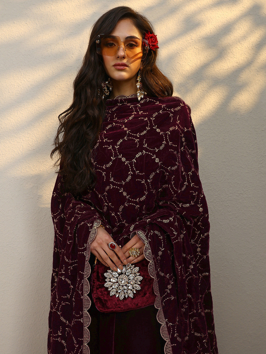 Straight Velvet Thread Work Kurta with Palazzos & Dupatta