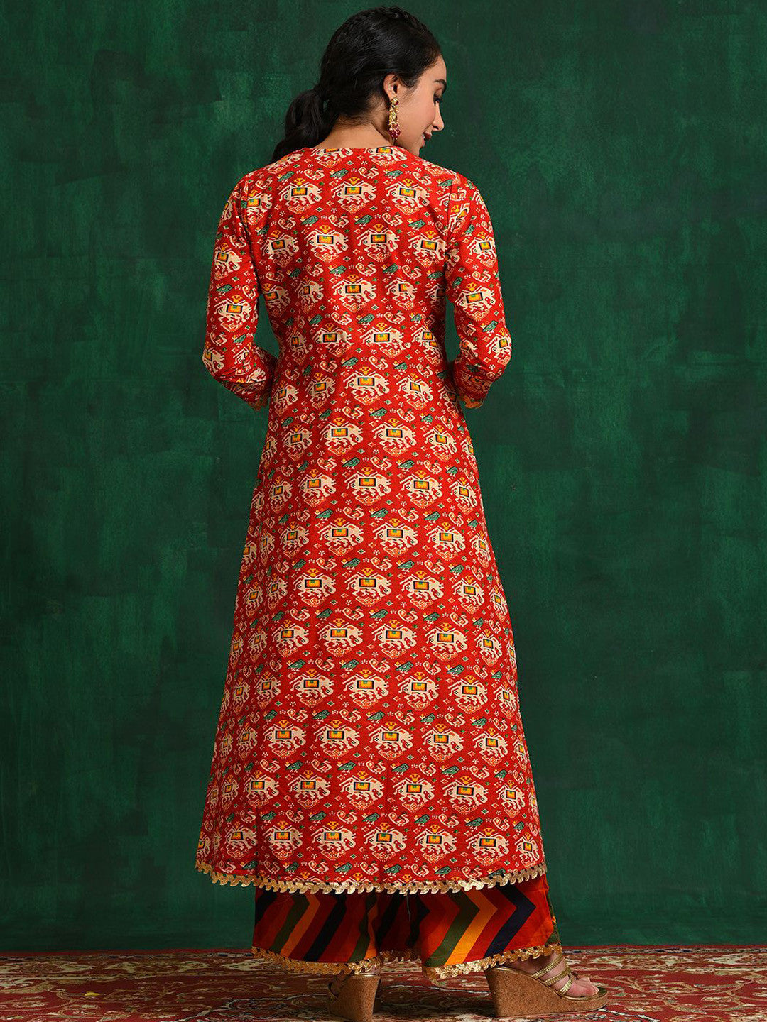 Red Chevron Printed Pure Cotton A-Line Kurta & Trousers With Jacket