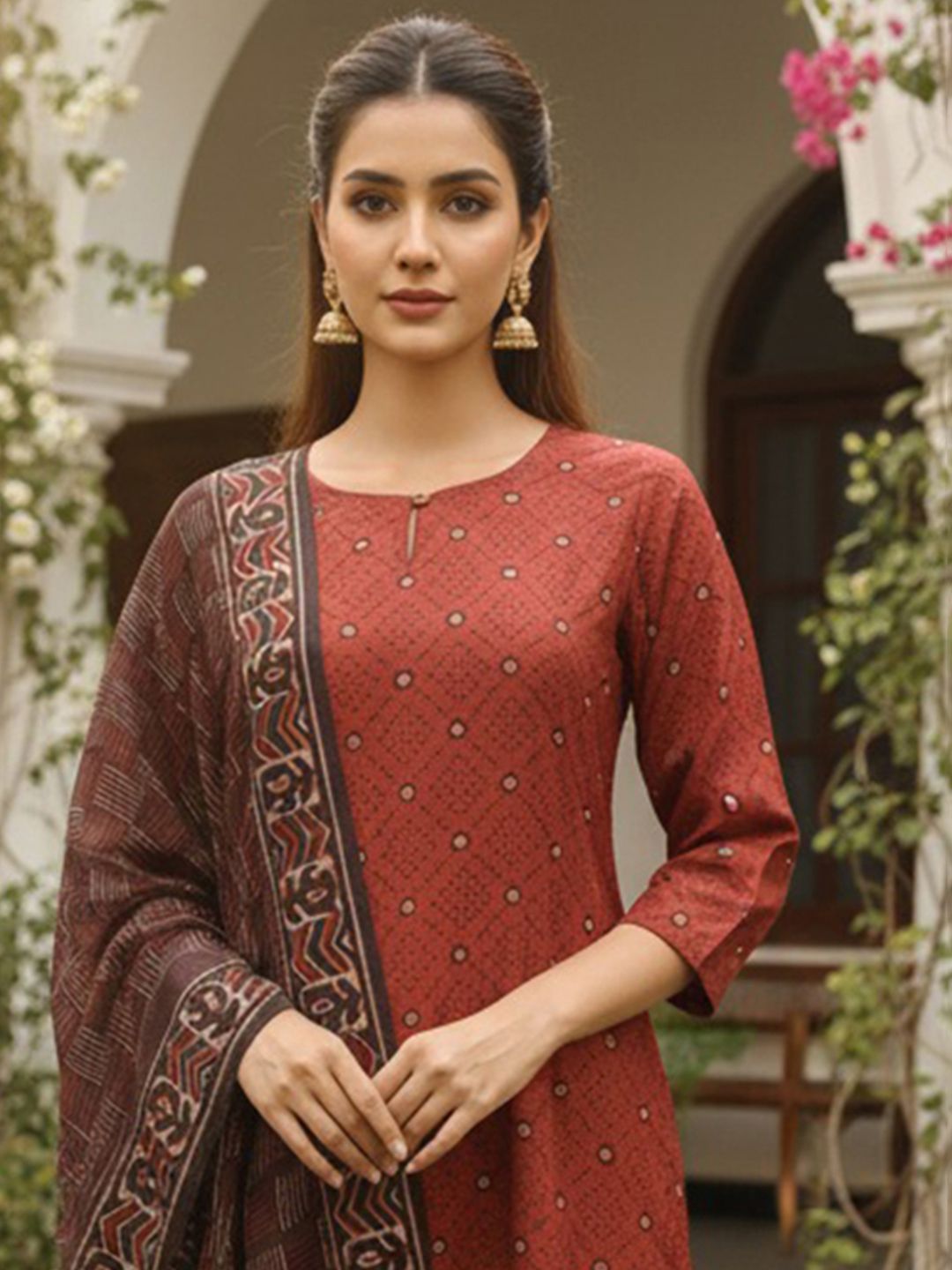 Dhiyona KL Geometric Printed Straight Kurta With Trousers & Dupatta