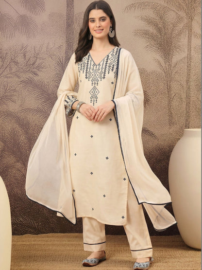 Women Embroidered Regular Pure Cotton Kurta with Trousers & With Dupatta