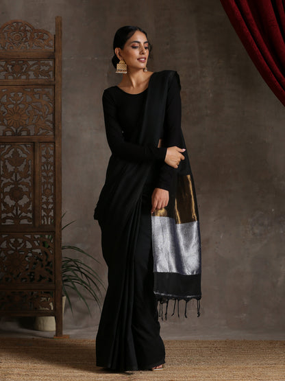 Dhiyona ST Regal Black Cotton Saree with Bronze & Silver Pallu