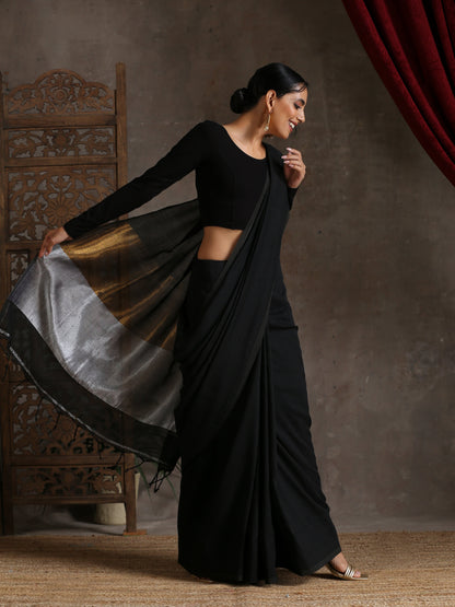 Dhiyona ST Regal Black Cotton Saree with Bronze & Silver Pallu