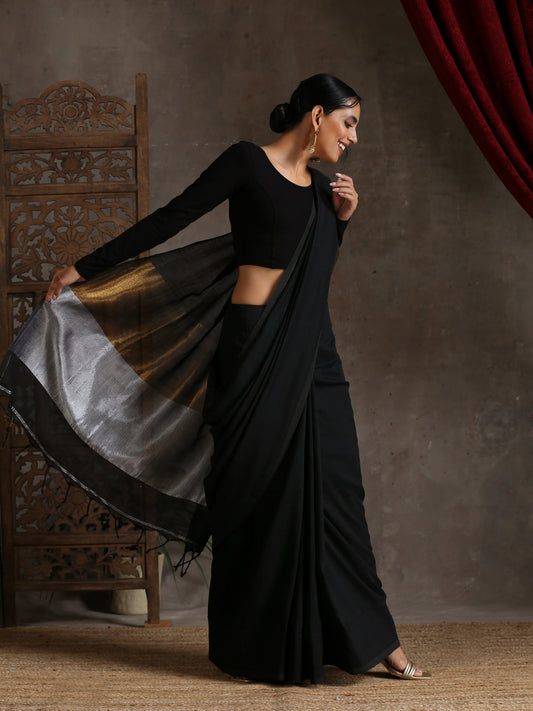 Dhiyona ST Regal Black Cotton Saree with Bronze & Silver Pallu