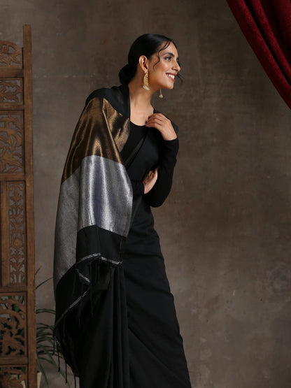 Dhiyona ST Regal Black Cotton Saree with Bronze & Silver Pallu