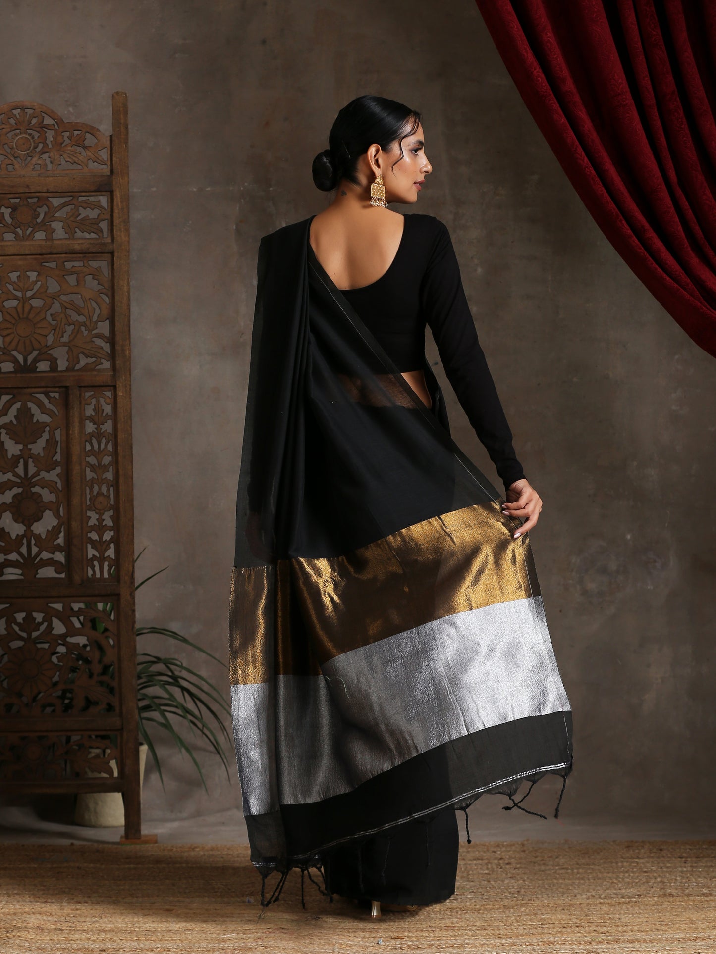 Dhiyona ST Regal Black Cotton Saree with Bronze & Silver Pallu