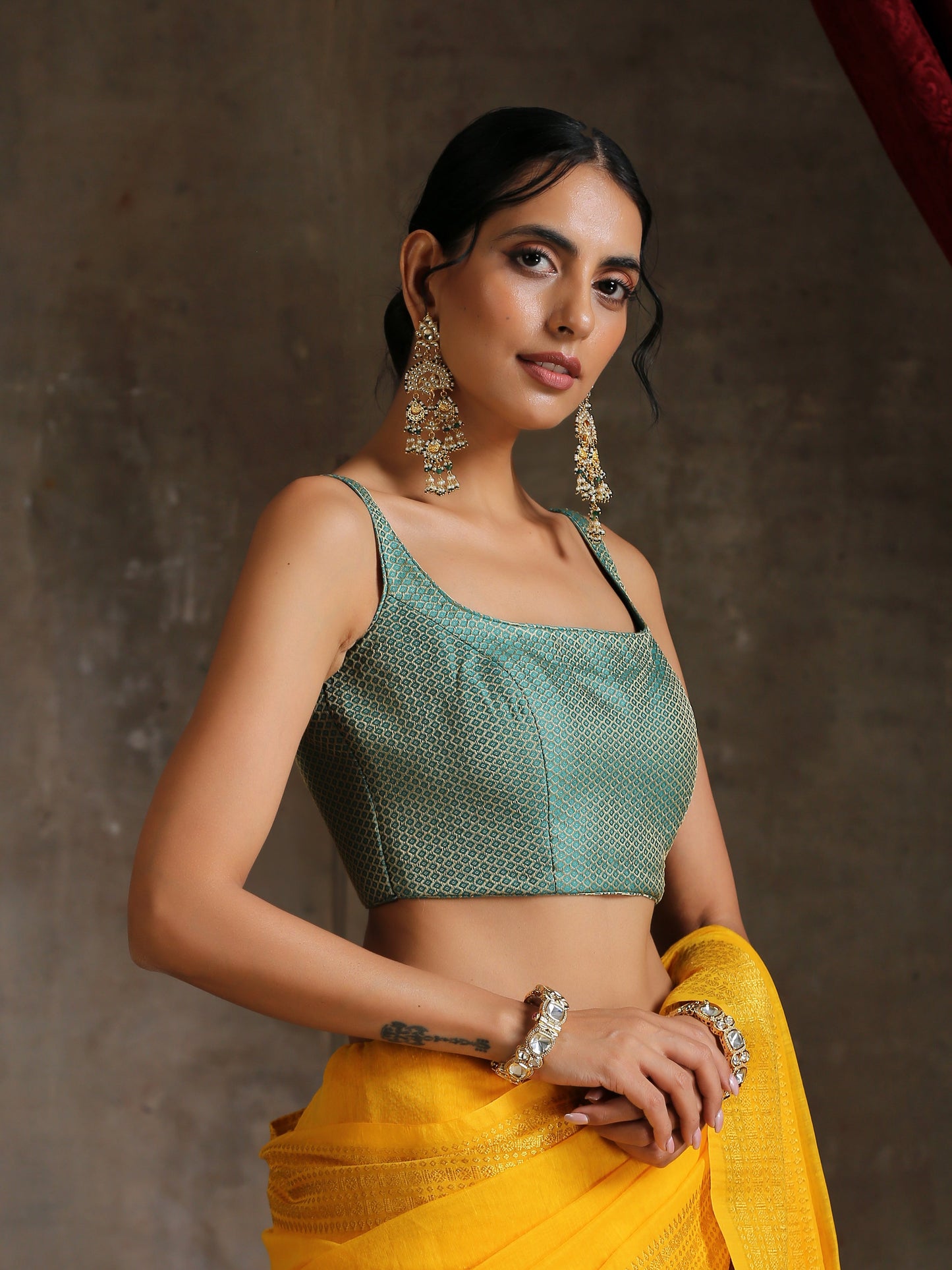 Dhiyona ST Blouse -  Green Jacquard Square Neck