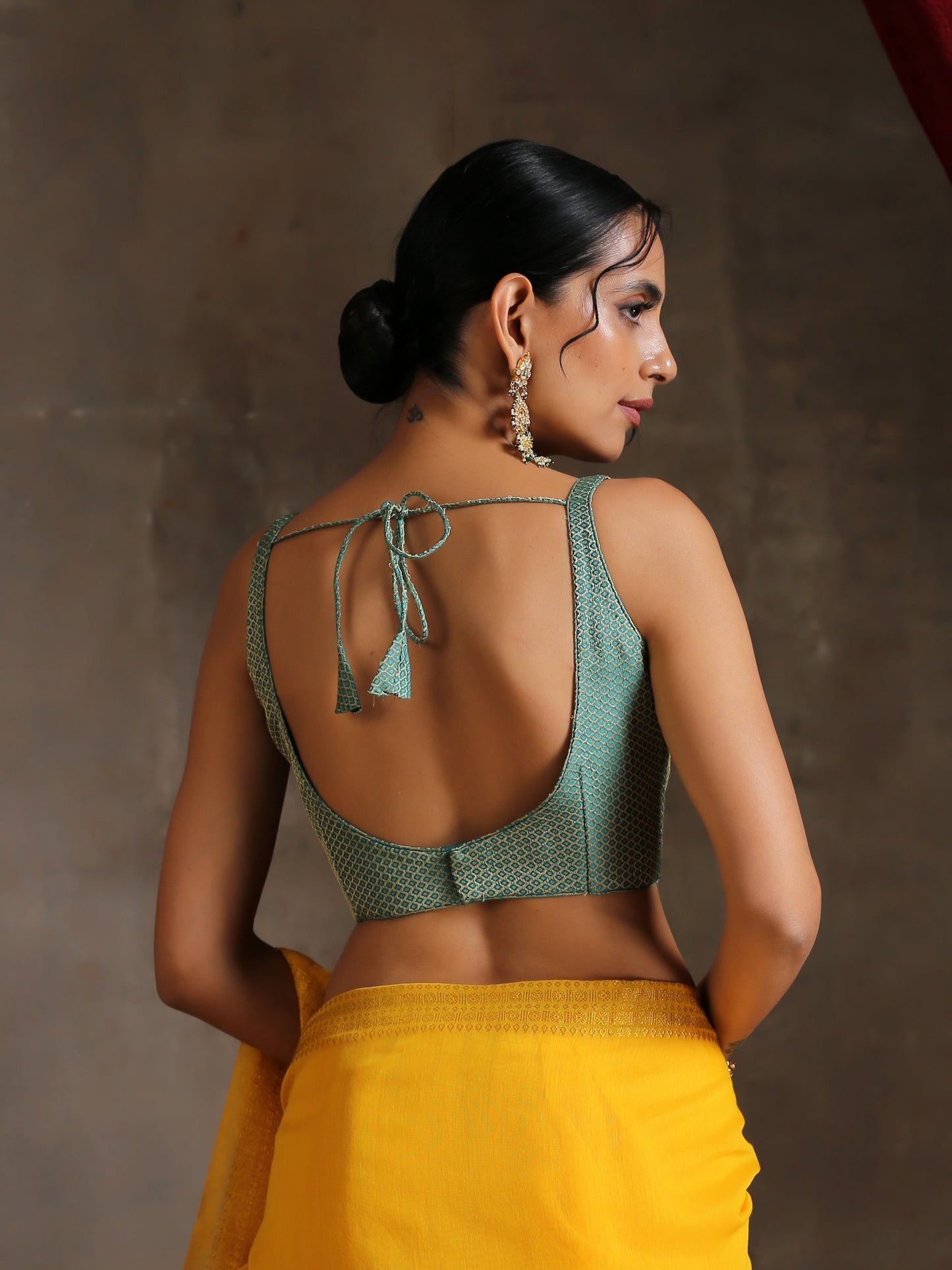 Dhiyona ST Blouse -  Green Jacquard Square Neck