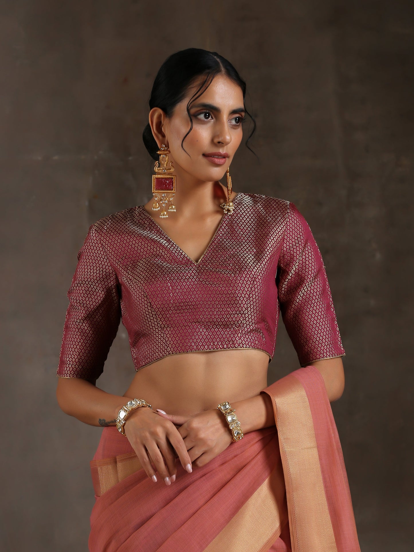 Dhiyona ST Blouse - Wine Jacquard With Keyhole Back