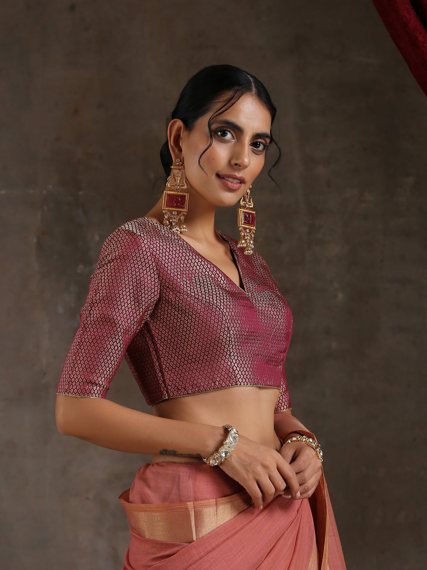 Dhiyona ST Blouse - Wine Jacquard With Keyhole Back