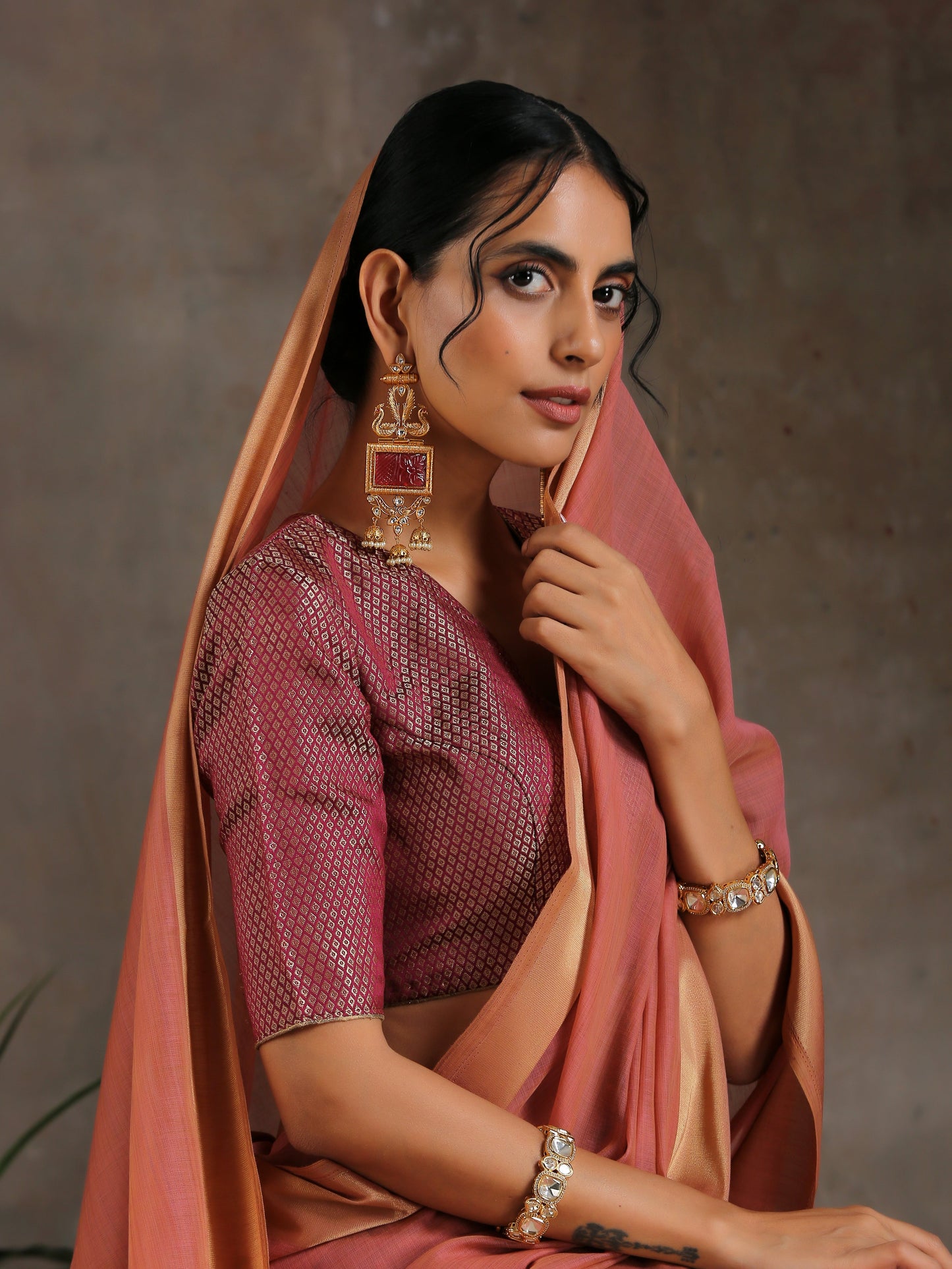 Dhiyona ST Blouse - Wine Jacquard With Keyhole Back