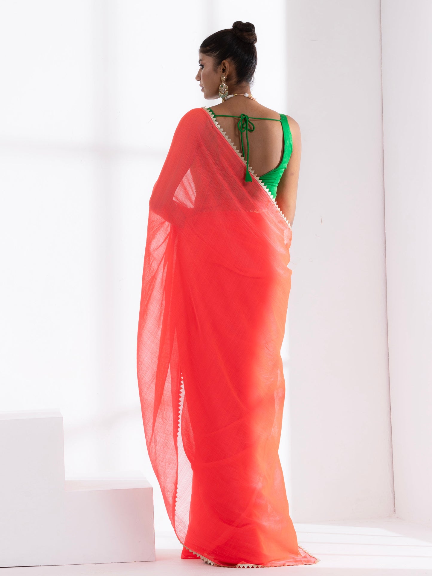 Dhiyona ST Watermelon Pink Chiffon Saree with Lace and Green Posh Blouse Fabric