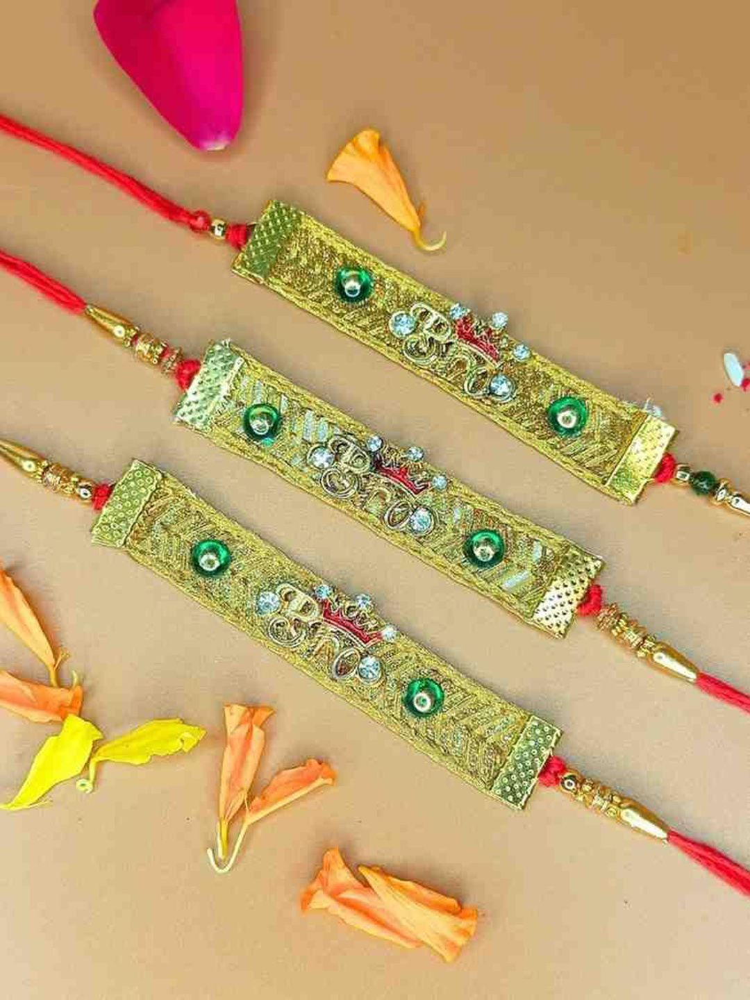 Dhiyona Set Of 3 Stones Studded And Beaded BRO Thread Rakhis With Roli And Chawal & Card