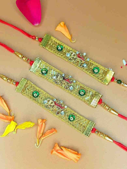 Dhiyona Set Of 3 Stones Studded And Beaded BRO Thread Rakhis With Roli And Chawal & Card