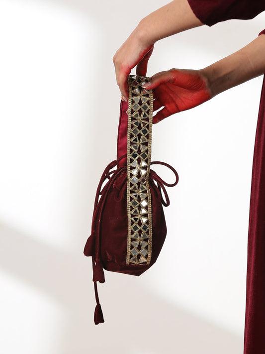 Dhiyona ST Potli Bag - Maroon velvet with mirror lace handle