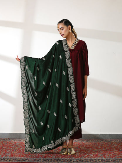 Dhiyona ST Women's Burgundy Velvet Kurta with Mirror Lace and Pants 2 Piece Set | Straight Fit, V Neck, 3/4 Sleeves, Pants, Festive Wear, (Velvet)