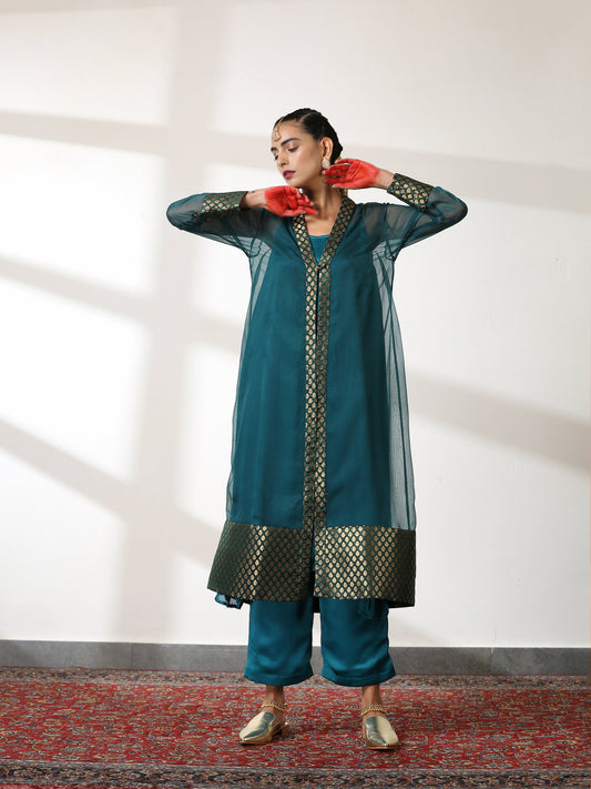 Dhiyona ST Women's Royal Green Shimmer Jacket Set with Butter Chiffon Top and Bottom 3 Piece Set | A-Line, Round Neck, Sleeveless, Pants, Partywear, (Chiffon)