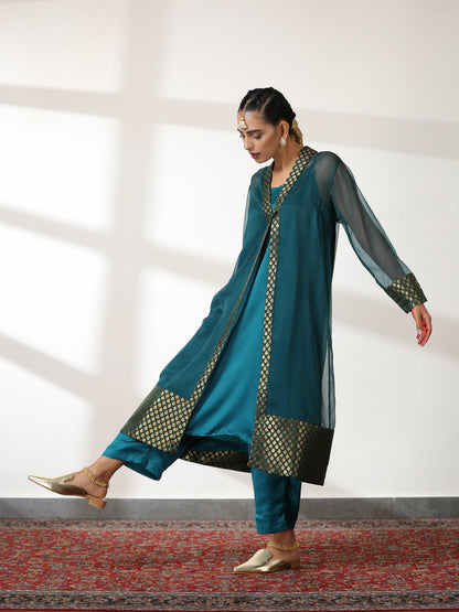 Dhiyona ST Women's Royal Green Shimmer Jacket Set with Butter Chiffon Top and Bottom 3 Piece Set | A-Line, Round Neck, Sleeveless, Pants, Partywear, (Chiffon)