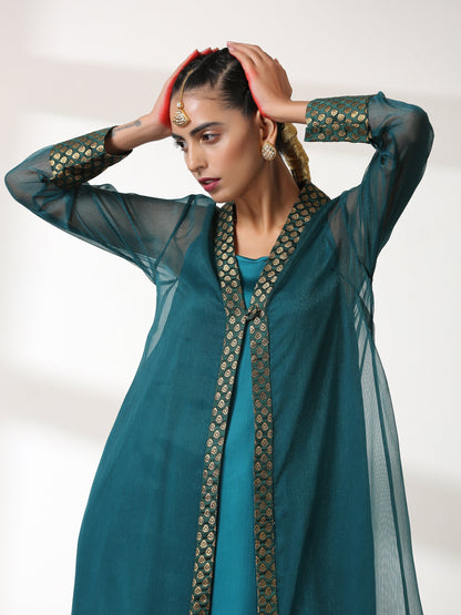 Dhiyona ST Women's Royal Green Shimmer Jacket Set with Butter Chiffon Top and Bottom 3 Piece Set | A-Line, Round Neck, Sleeveless, Pants, Partywear, (Chiffon)