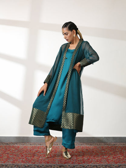 Dhiyona ST Women's Royal Green Shimmer Jacket Set with Butter Chiffon Top and Bottom 3 Piece Set | A-Line, Round Neck, Sleeveless, Pants, Partywear, (Chiffon)