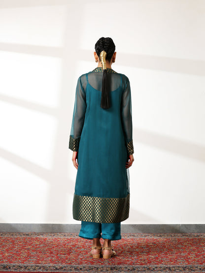Dhiyona ST Women's Royal Green Shimmer Jacket Set with Butter Chiffon Top and Bottom 3 Piece Set | A-Line, Round Neck, Sleeveless, Pants, Partywear, (Chiffon)