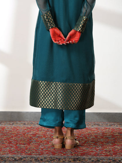 Dhiyona ST Women's Royal Green Shimmer Jacket Set with Butter Chiffon Top and Bottom 3 Piece Set | A-Line, Round Neck, Sleeveless, Pants, Partywear, (Chiffon)