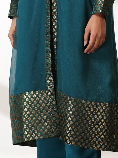 Dhiyona ST Women's Royal Green Shimmer Jacket Set with Butter Chiffon Top and Bottom 3 Piece Set | A-Line, Round Neck, Sleeveless, Pants, Partywear, (Chiffon)