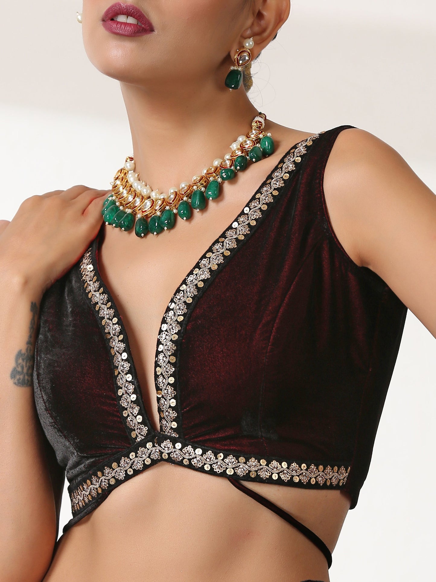 Dhiyona ST Blouse - Velvet Rosewood Sleeveless with Lace