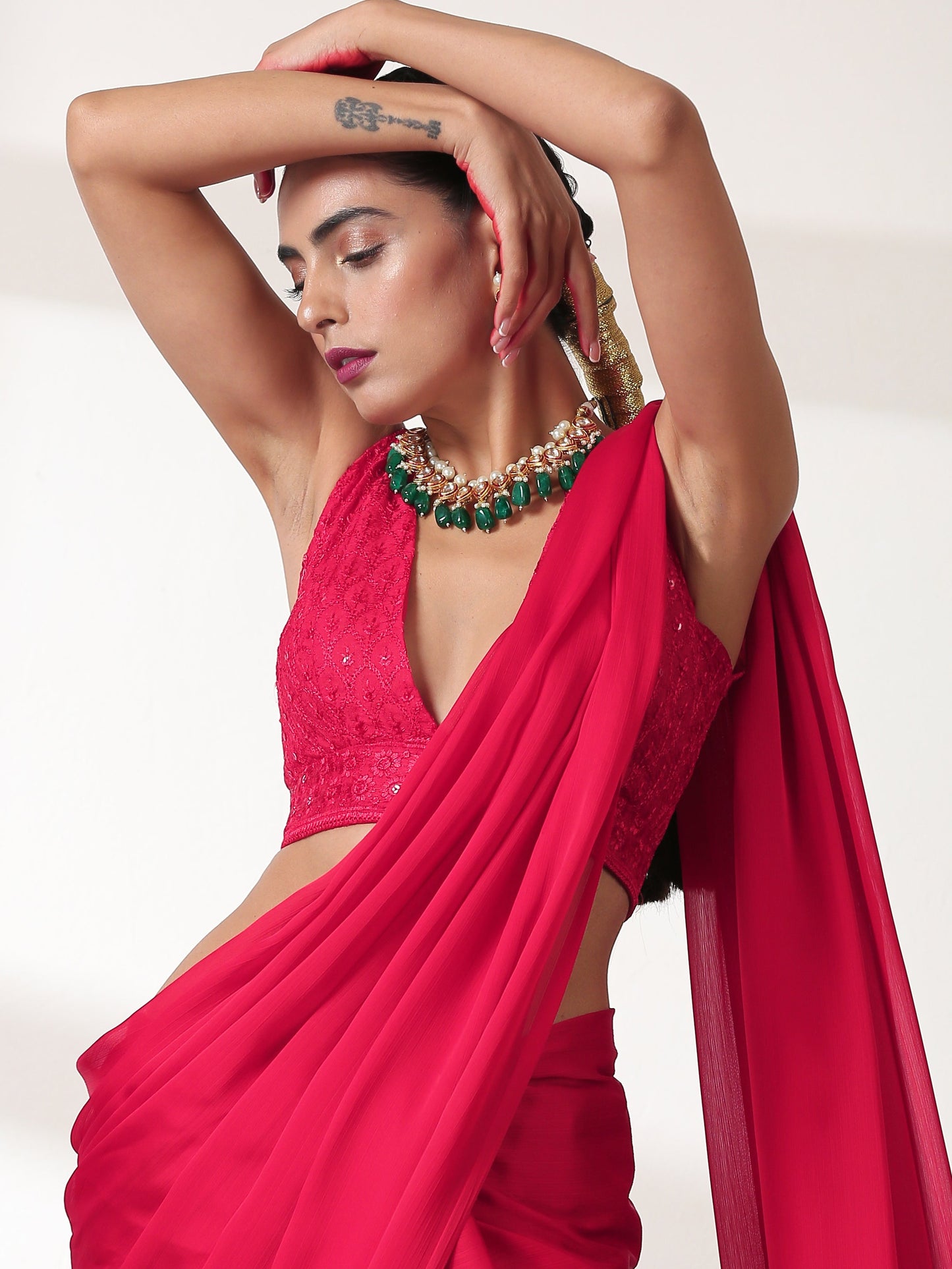 Dhiyona ST Ruby Chiffon Saree with Embroidered Blouse Fabric