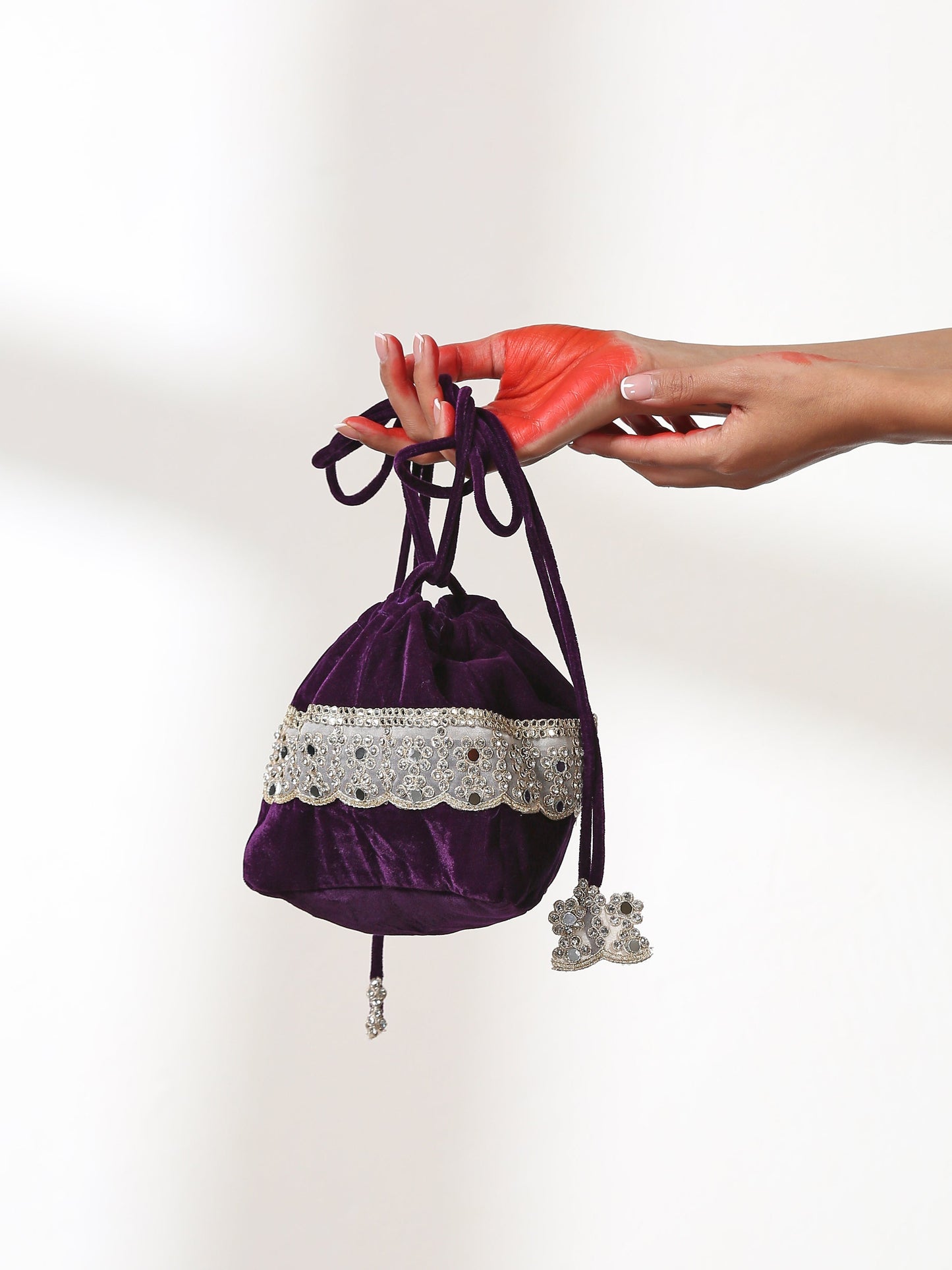 Dhiyona ST Potli - Plush Purple Round Potli with White Mirror