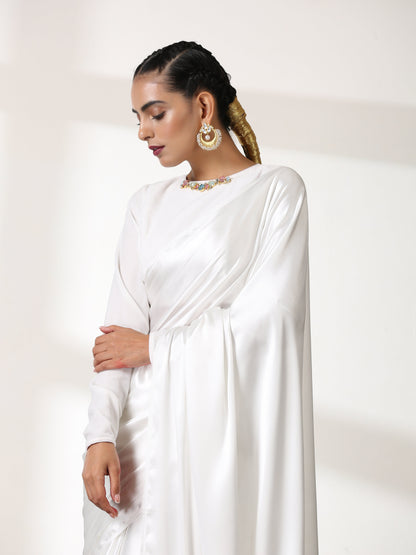 Dhiyona ST Blouse - White Velvet Blouse with Coloured Glass brooch