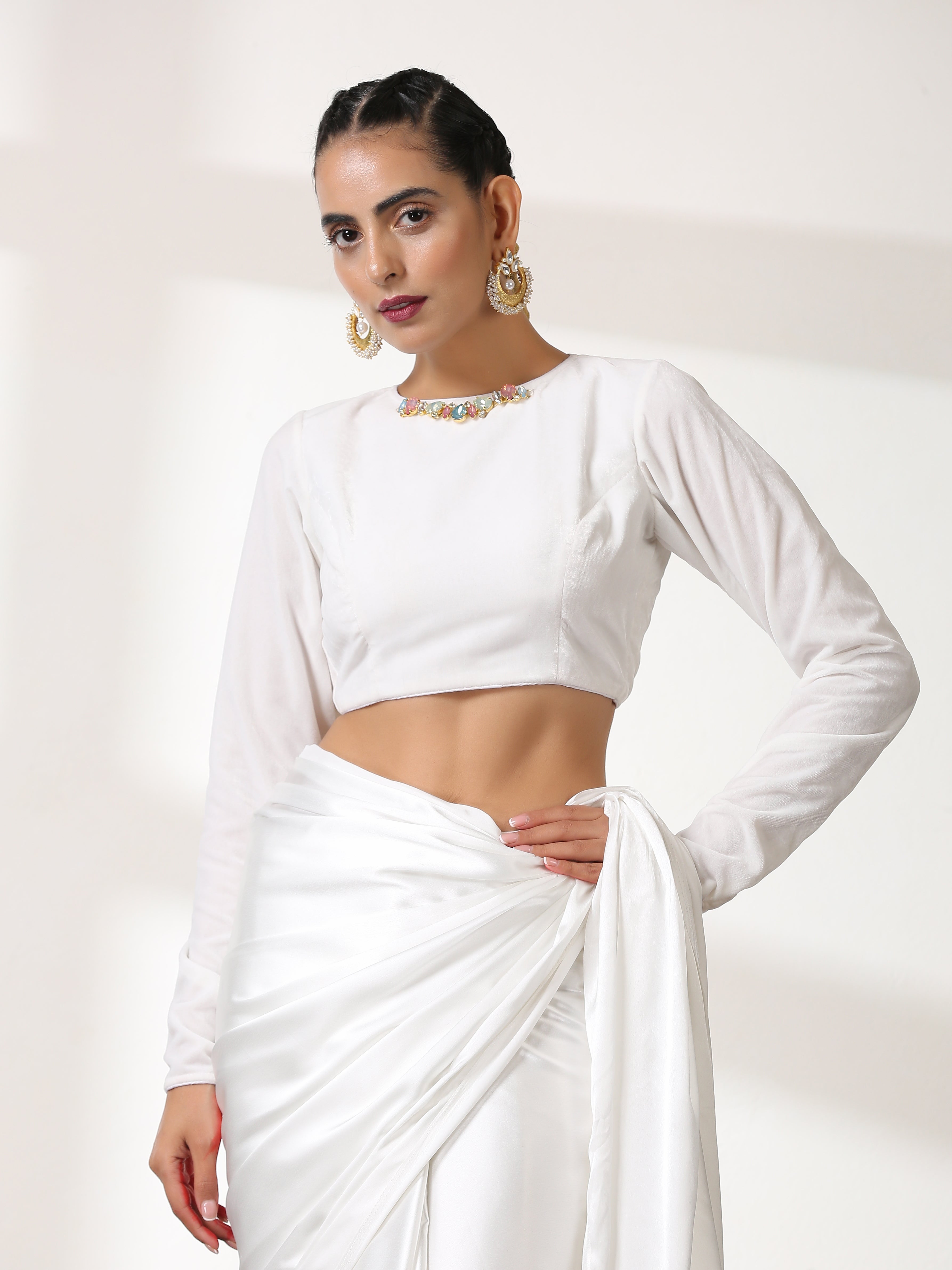 Dhiyona ST Blouse - White Velvet Blouse with Coloured Glass brooch