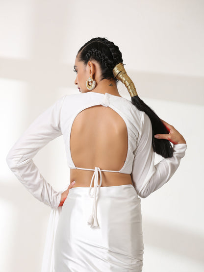 Dhiyona ST Blouse - White Velvet Blouse with Coloured Glass brooch